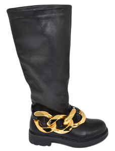 Malu Shoes Stivali donna chelsea combat pelle nero alto ginocchio gambale con catena grande oro rimovibile elastico polpaccio zip