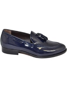 Malu Shoes Scarpe uomo classico mocassino inglese elegante cerimonia vernice lucido blu vera pelle fondo cuoio made in italy