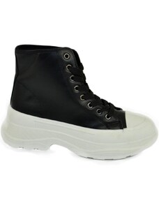 Malu Shoes Sneakers alta donna stivaletto nero punta bianca gomma platform ondulata lacci moda tendenza street