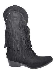 Malu Shoes Stivali donna camperos texani neri scamosciati con frange lunghe e borchie western moda al polpaccio mexico cowboy
