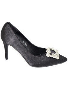 Malu Shoes Scarpe decollete donna in raso nero elegante gioiello fermaglio quadrato punta tacco spillo 10 moda cinturino cerimonia