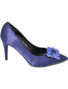 Malu Shoes Scarpe decollete donna in raso blu elegante gioiello fermaglio quadrato punta tacco spillo 10 moda cinturino cerimonia