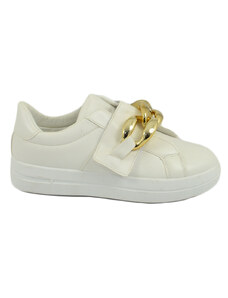 Malu Shoes Sneakers bassa donna bianco suola basic gomma con strappo e catena oro rimovibile comodo moda morbido antiscivolo