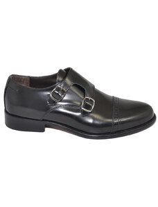 Malu Shoes Scarpe uomo francesina nera pelle lucida fondo cuoio antiscivolo nero doppia fibbia genuine leather