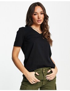 Selected Femme - T-shirt a maniche corte in cotone con scollo a V nera-Nero