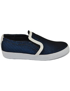 Malu Shoes Scarpe uomo slip on mocassino nero a base blu con suola sportiva elastico laterale comodo in pelle e tela intrecciato