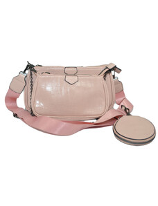 Malu Shoes Multi pochette accessoriata a tre elementi rosa cipria cocco tracolla jaquard regolabile portamonete catena moda donna