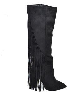 Stivali donna texani camoscio nero con frange lunghe dietro e tacco largo altezza ginocchio moda glamour luxury