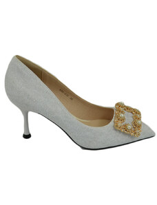 Malu Shoes Scarpe decollete donna argento satinato elegante gioiello fermaglio quadrato con perle punta tacco spillo 8 cerimonia