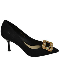 Malu Shoes Scarpe decollete donna nero elegante gioiello fermaglio quadrato con perle punta tacco spillo 8 moda cerimonia