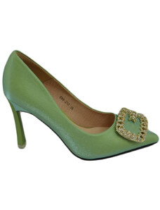Malu Shoes Scarpe decollete donna verde elegante gioiello fermaglio quadrato constrass punta tacco spillo 12 moda cerimonia