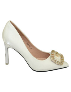 Malu Shoes Scarpe decollete donna bianco elegante gioiello fermaglio quadrato constrass punta tacco spillo 12 moda cerimonia