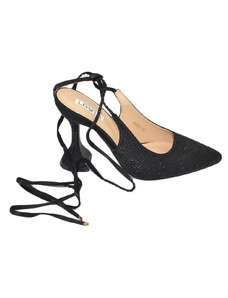 Malu Shoes Scarpe decollete mules donna elegante punta in pelle nero con strass tacco martini 10cerimonia con allacciatura schiava