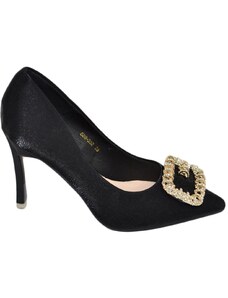 Malu Shoes Scarpe decollete donna nero elegante gioiello fermaglio quadrato constrass punta tacco spillo 12 moda cerimonia