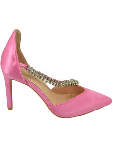 Malu Shoes Scarpe decollete donna elegante punta in raso fucsia tacco 10 cerimonia con fermaglio di strass moda cerimonia evento