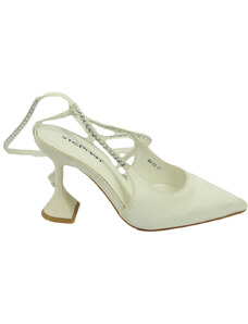Malu Shoes Scarpe decollete mules donna elegante punta in raso bianco tacco martini 9 cerimonia con allacciatura schiava strass