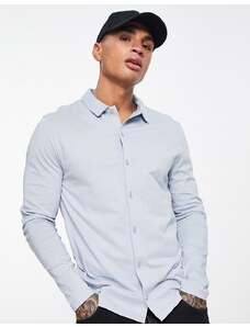 ASOS DESIGN - Camicia in jersey blu a maniche lunghe con bottoni