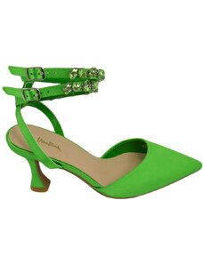 Malu Shoes Scarpe decollete mules donna elegante punta in raso verde tacco10 cerimonia allacciatura alla caviglia con strasopen toe