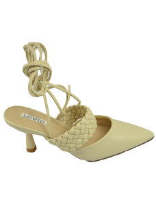 Malu Shoes Decollete' donna tacco sottile 5 comfort beige intrecciato allacciatura alla schiava open toemorbido moda glamour evento