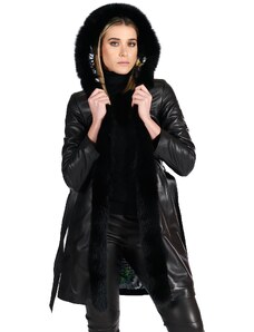 Cappotto in pelle nera con cappuccio bordato pelliccia D'Arienzo