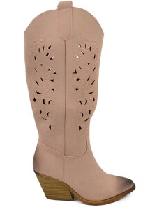 Malu Shoes Stivali donna camperos texani rosa cipria scamosciato forato tacco western comodo gomma altezza ginocchio estivo