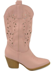 Malu Shoes Stivali donna camperos texani rosa pastello pelle forato tacco western comodo gomma altezza meta' polpaccio