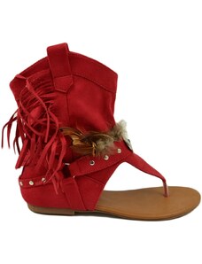 Malu Shoes Indianini donna rosso estivi infradito alla caviglia freschi con piume e frange fondo in gomma comode moda ibiza