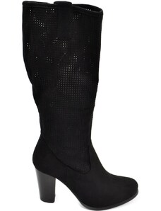 Malu Shoes Stivali donna nero plateau gambale traforato altezza ginocchio con tacco grosso comodo e zip fibbia regolare