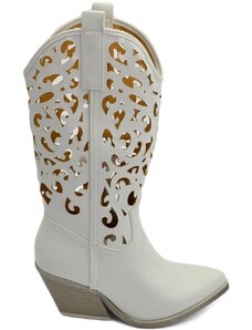 Malu Shoes Stivali donna camperos texani bianchi ecopelle forato tacco 5 cm western comodo gomma altezza meta' polpaccio
