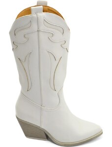Malu Shoes Stivali donna camperos texani bianco ecopelle laserato tacco western comodo gomma altezza meta' polpaccio