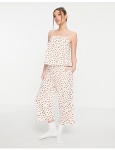 ASOS DESIGN - Mix & Match - Pantaloni culotte del pigiama con volant in lino crema a fiori rossi-Bianco