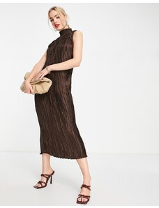 ASOS DESIGN - Vestito longuette plissé accollato in raso color cioccolato-Marrone