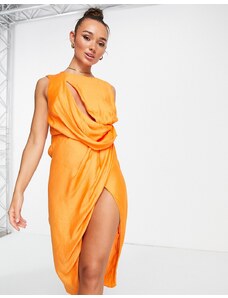 ASOS DESIGN - Vestito midi drappeggiato con spacco arancione