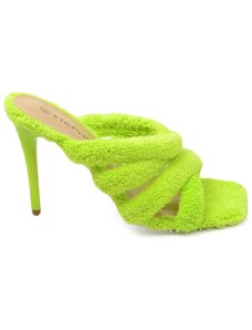 Malu Shoes Sandali donna mules tacco alto a spillo in tessuto spugna effetto asciugamano verde fluo comodo punta quadrata eventi