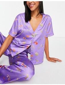 ASOS DESIGN - Mix & Match - Camicia del pigiama senza colletto in raso viola a fiori