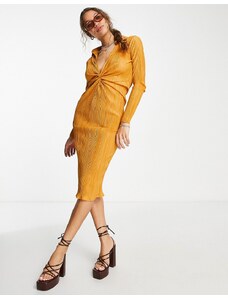 Esclusiva Missyempire - Vestito midi plissé a maniche lunghe e a portafoglio color cammello-Neutro