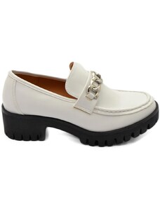 Malu Shoes Mocassini donna college inglesina bianco accessorio catena argento suola gomma alta nera carrarmato moda tendenza