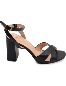 Malu Shoes Sandalo donna nero con tacco comodo largo 9 cm fasce comode intrecciate cinturino alla caviglia cerimonia evento