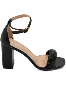 Malu Shoes Sandalo donna nero unica fascia treccia con tacco comodo largo 9 cm cinturino alla caviglia cerimonia evento