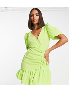 Missguided - Vestito a portafoglio color lime con maniche a palloncino-Verde
