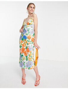 ASOS DESIGN - Vestito midi in raso con stampa a fiori con apertura sul retro-Multicolore