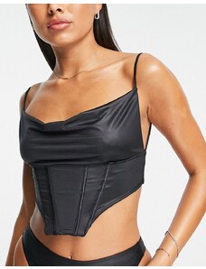 ASOS LUXE - Top bikini a corsetto con scollo ad anello in raso nero