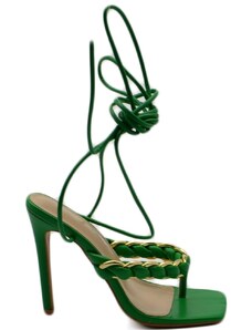 Malu Shoes Sandali donna tacco alto a spillo verde infradito alla schiava con catena oro in ecopelle e lacci alla caviglia moda
