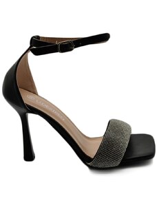 Malu Shoes Sandalo gioiello donna con tacco 10 nero fascia di strass luccicanti cerimonia evento cinturino alla caviglia
