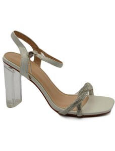 Malu Shoes Sandalo donna gioiello bianco con strass tacco trasparente largo 10 cm cerimonia cinturino alla caviglia