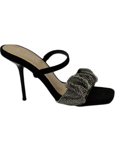 Malu Shoes Sandalo gioiello nero donna tacco 10 fascia arricciata di strass luccicanti cerimonia evento cinturino frontale