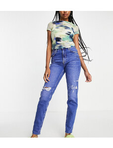 River Island Tall - Mom jeans slim a vita alta blu acceso con strappi