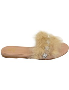 Malu Shoes Pantofoline donna pelliccia peluche pelo con applicazioni beige nude voluminosa colorata morbide raso terra moda glamour