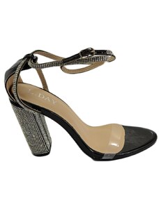 Malu Shoes Sandalo donna gioiello nero tacco largo con strass fascia trasparente 10 cm cerimonia allacciatura alla caviglia moda