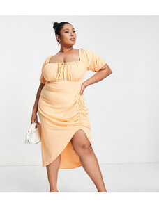 ASOS Curve ASOS DESIGN Curve - Vestito midi milkmaid con arricciature color albicocca-Arancione